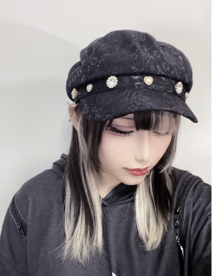 Jirai Kei Hat Rhinestone Lace Hat Japanese Subculture Hat 34382:466906 34382:466906