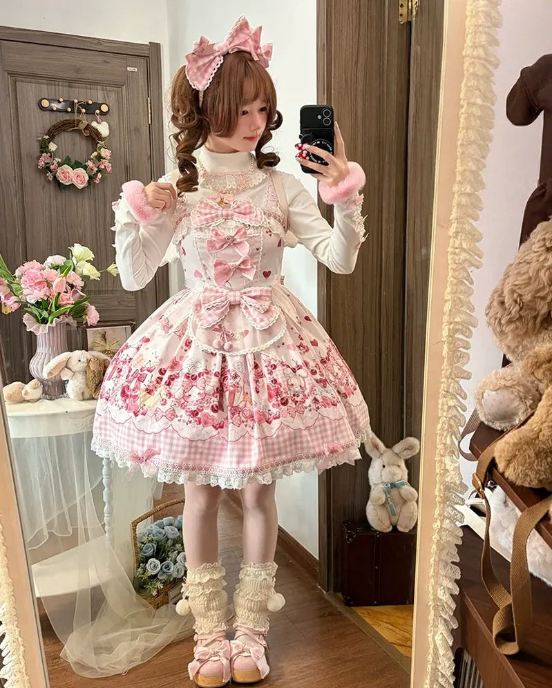Kawaii Lolita Bunny Print JSK Dress, Detachable Apron 45164:838505