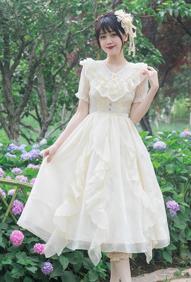 Classic Lolita Dress V-neck Lace Short Sleeve Daily Lolita Dress 37254:557994