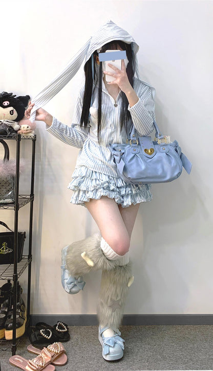 Jirai Kei Hoodie Skirt Set Stripe Hoodie Bunny Ear Coat 34402:460498