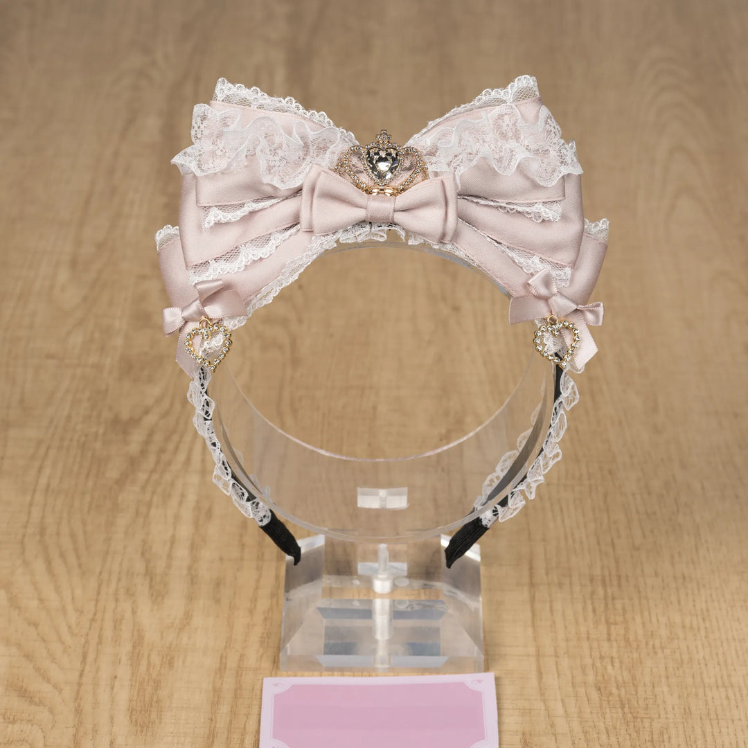 Jirai Kei Layered Bow Lace Headband, Crown & Heart Rhinestone 45960:870868