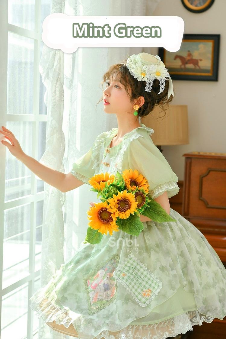 Cottagecore Dress Green Patchwork Lace Lolita Dress 35906:568564