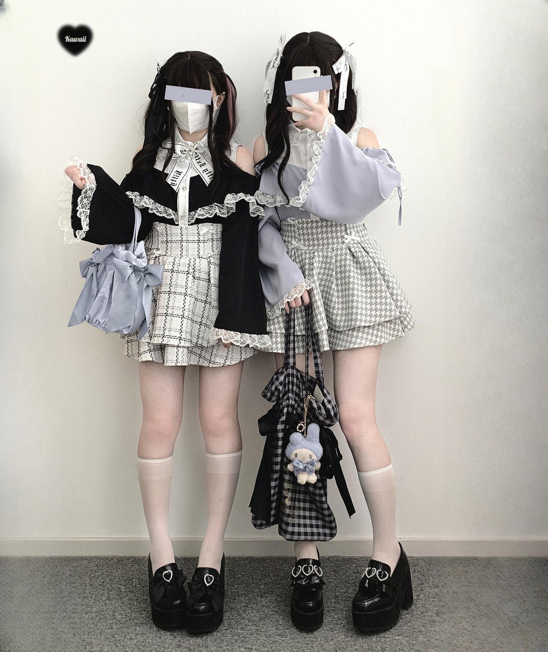 Jirai Kei Skirt Double-layer Skirt Black White Check Skirt 40018:668138