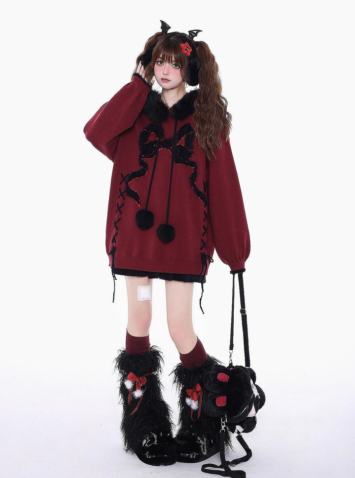 Yami Kawaii Sweater Bow Black Red Hoodie Detachable Collar 39556:650140