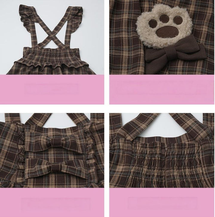 Winter Plaid Suspender Bubble Skirt, Bear Ear Plush Cape 45991:872169