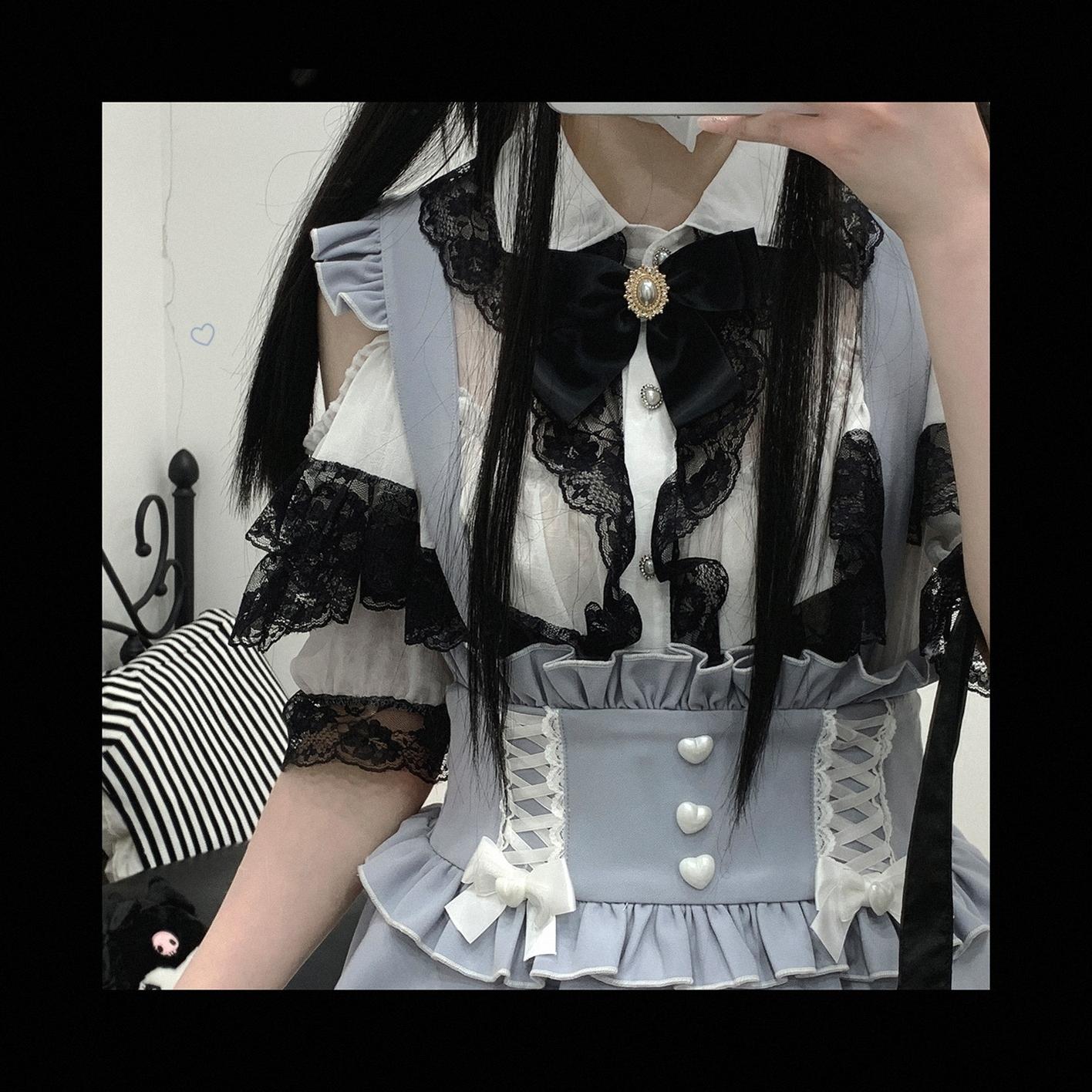 Jirai Kei Shirt Lace Double Layer Short Sleeve Open Shoulder Blouse 35374:529878