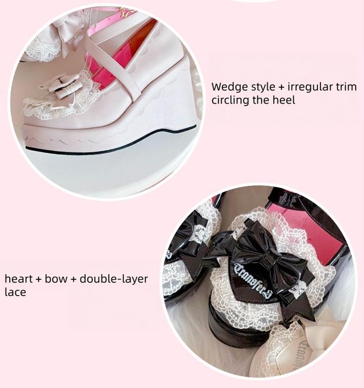 Sweet Lolita Wedge Shoes, Heart & Bow Details 45951:872566
