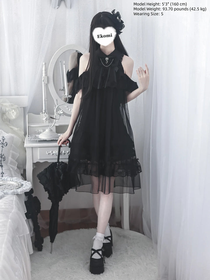Seiso Kei Open Shoulder Dress, Black Tulle Overlay 45555:854207