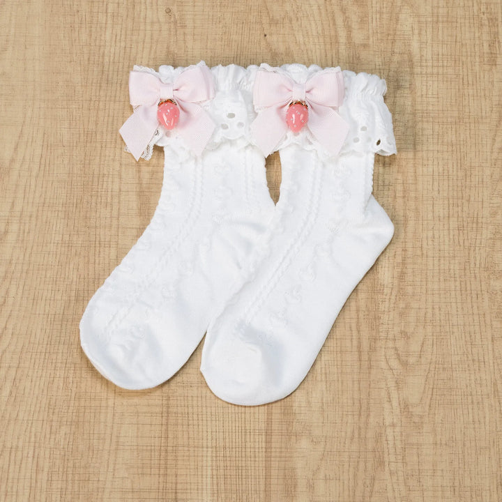 Ryousangata Plaid Bow Socks, Strawberry Pendant 45962:870151