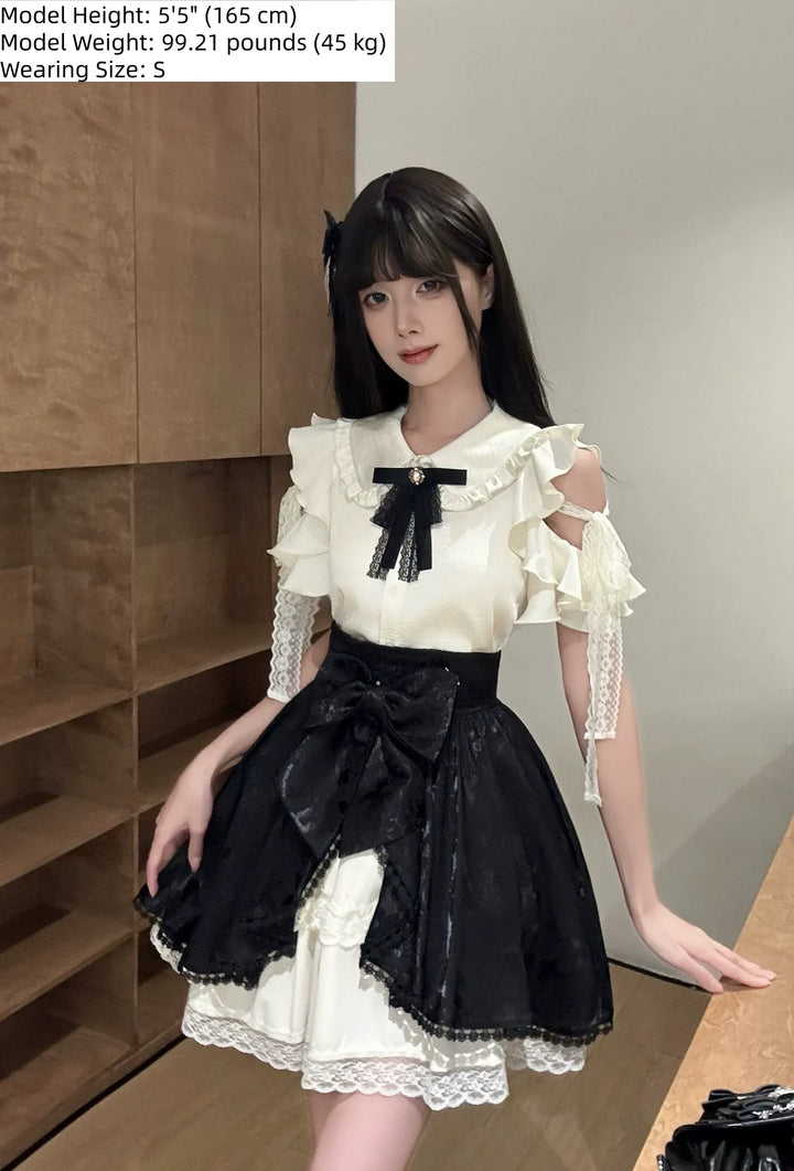 Seiso Kei Ruffled Shoulder Blouse, Butterfly Pattern Skirt 45622:858774
