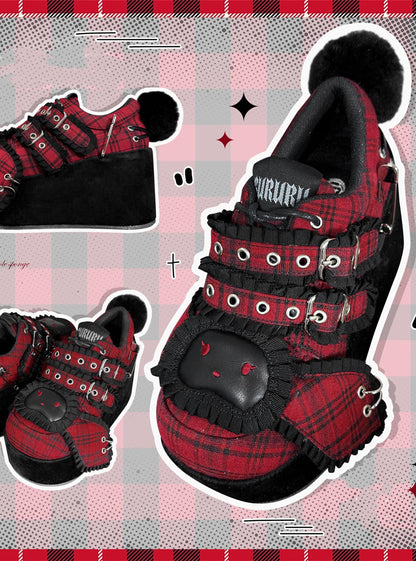 Y2K Shoes Red Plaid Platform Shoes Bandage Bunny Shoes 34394:471244