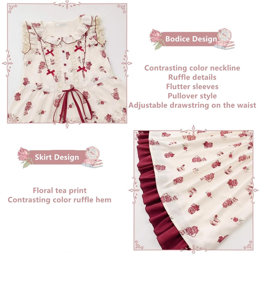 Classic Lolita Dress With Short Sleeve And Floral Tea Pot Print Multicolor 37134:552900