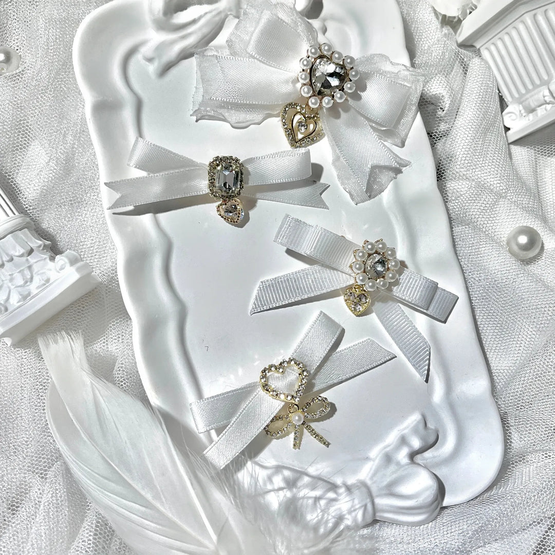 Jirai Kei Bow Hair Clips Set, Rhinestone & Pearl Accent 45776:866476