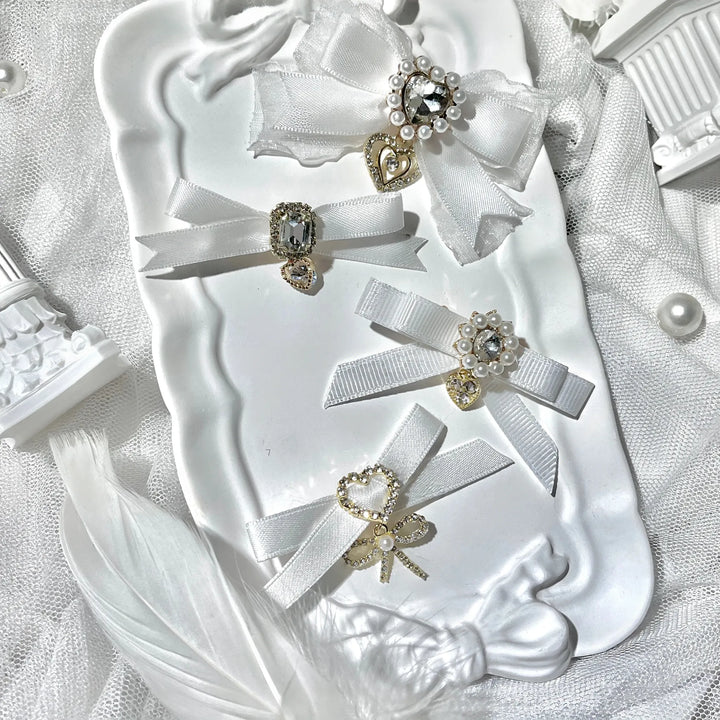 Jirai Kei Bow Hair Clips Set, Rhinestone & Pearl Accent 45776:866476