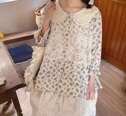 Mori Kei Blouse Floral Cotton Linen Shirt With Lace 36222:524916