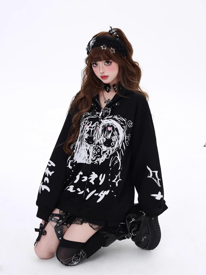 Plus Size Jirai Kei Coat Dark Comic Print Autumn Hoodie 39404:627232