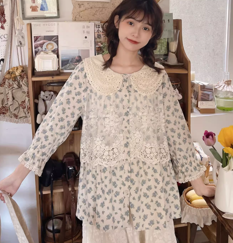 Mori Kei Blouse Floral Cotton Linen Shirt With Lace 36222:524920