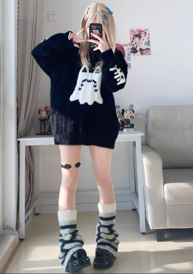 Jirai Kei Sweater Black Ghost Cat Print Couple Sweater 39952:646110