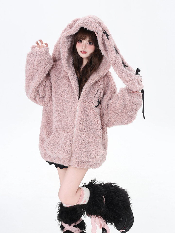 Jirai Kei Winter Coat Fleece Jacket Bunny Ear Hooded Coat 40744:677782