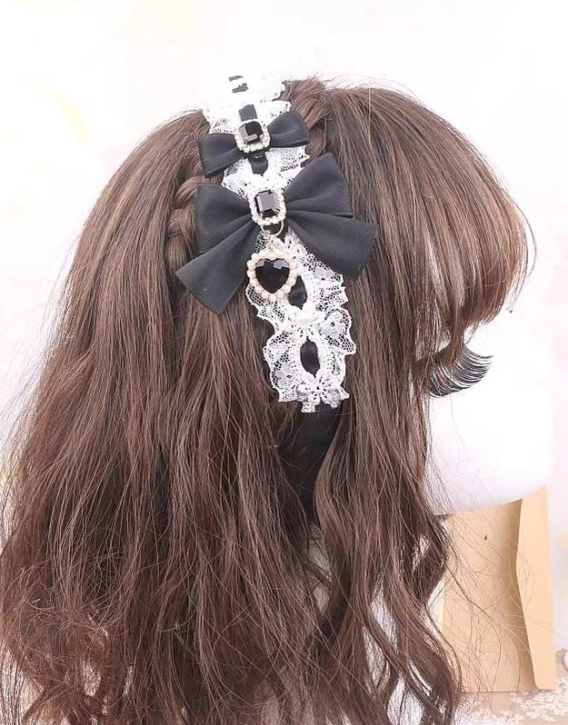 Jirai Kei Lace & Ribbon Headband, Heart-Shaped Rhinestone 45076:837743