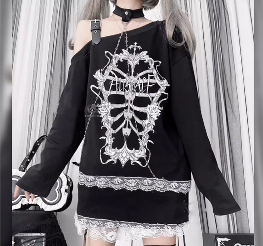 Gothic Shirt Long Sleeve T-Shirt Subculture Rib Shirt (F / Black) 35328:488382