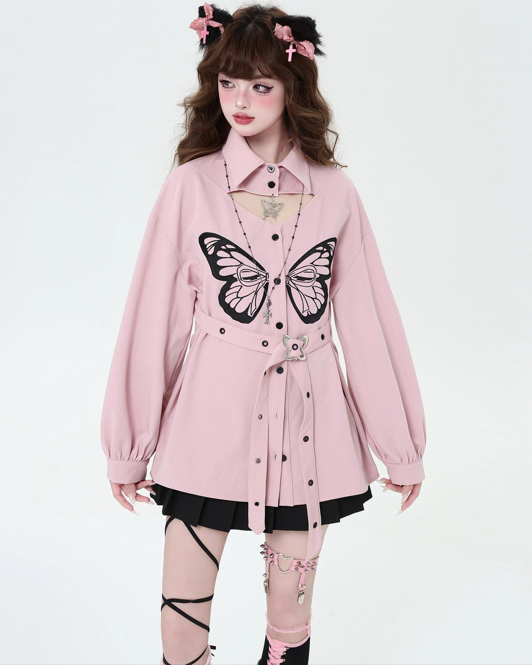 Gyaru blouse Subculture Embroidered Butterfly Shirt Long Sleeve Top 39690:634006