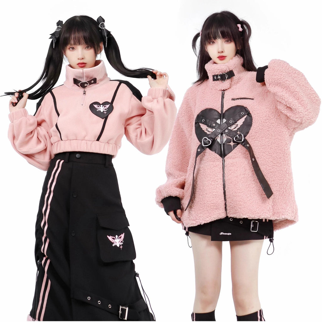 Subculture Outfit Set Biker Plush Jacket And Skirt Set 40240:664176