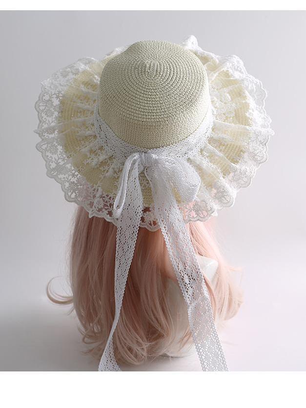 Mori Kei Sunhat Country Lolita Lace Frill Straw Hat With Ribbon Bow 42248:735440