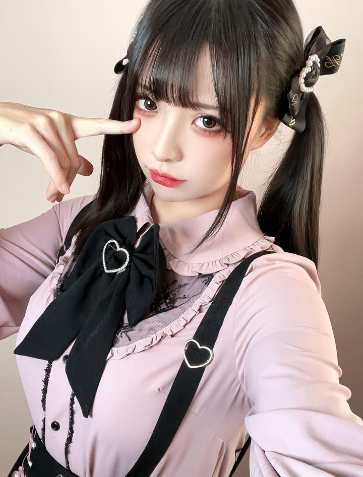 Jirai Kei Blouse Pink Blue Shirt Black Lace Up Skirt 21832:760688