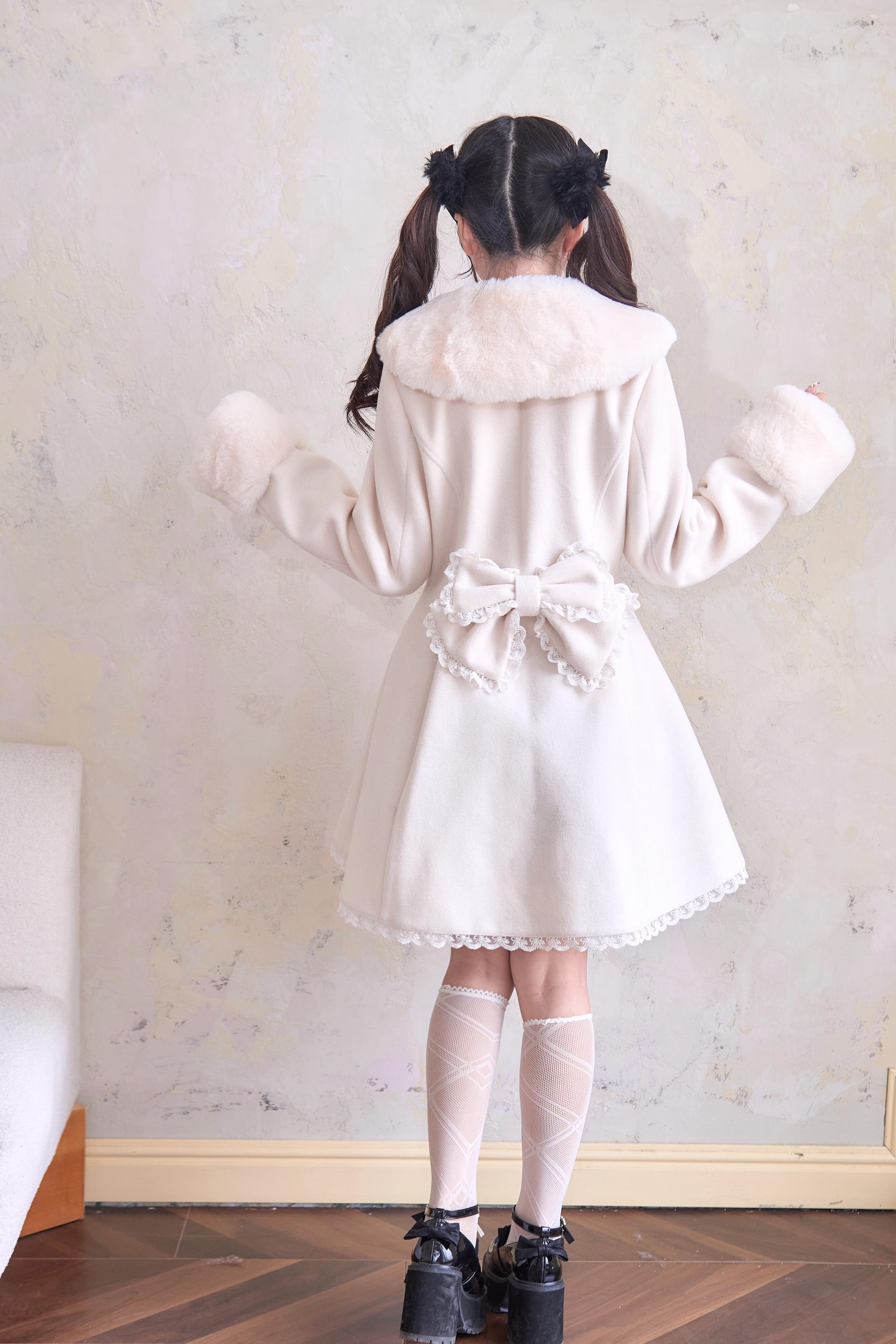 Jirai Kei Winter Coat Fur Collar Lace Coat With Bows – Honey Wardrobe