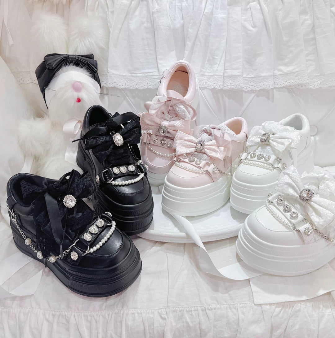 Jirai Kei Platform Shoes, Rhinestone & Pearl Chain 45866:868271