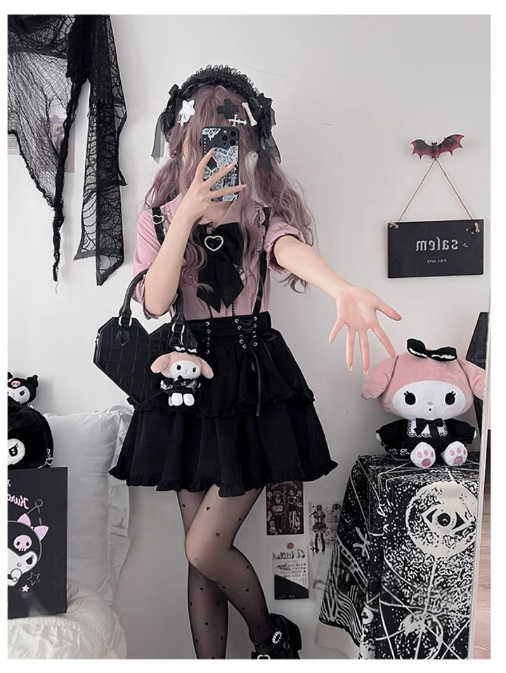 Jirai Kei Pink Blue Blouse Black Suspender Skirt Lace Up Skirt Set 21830:763228