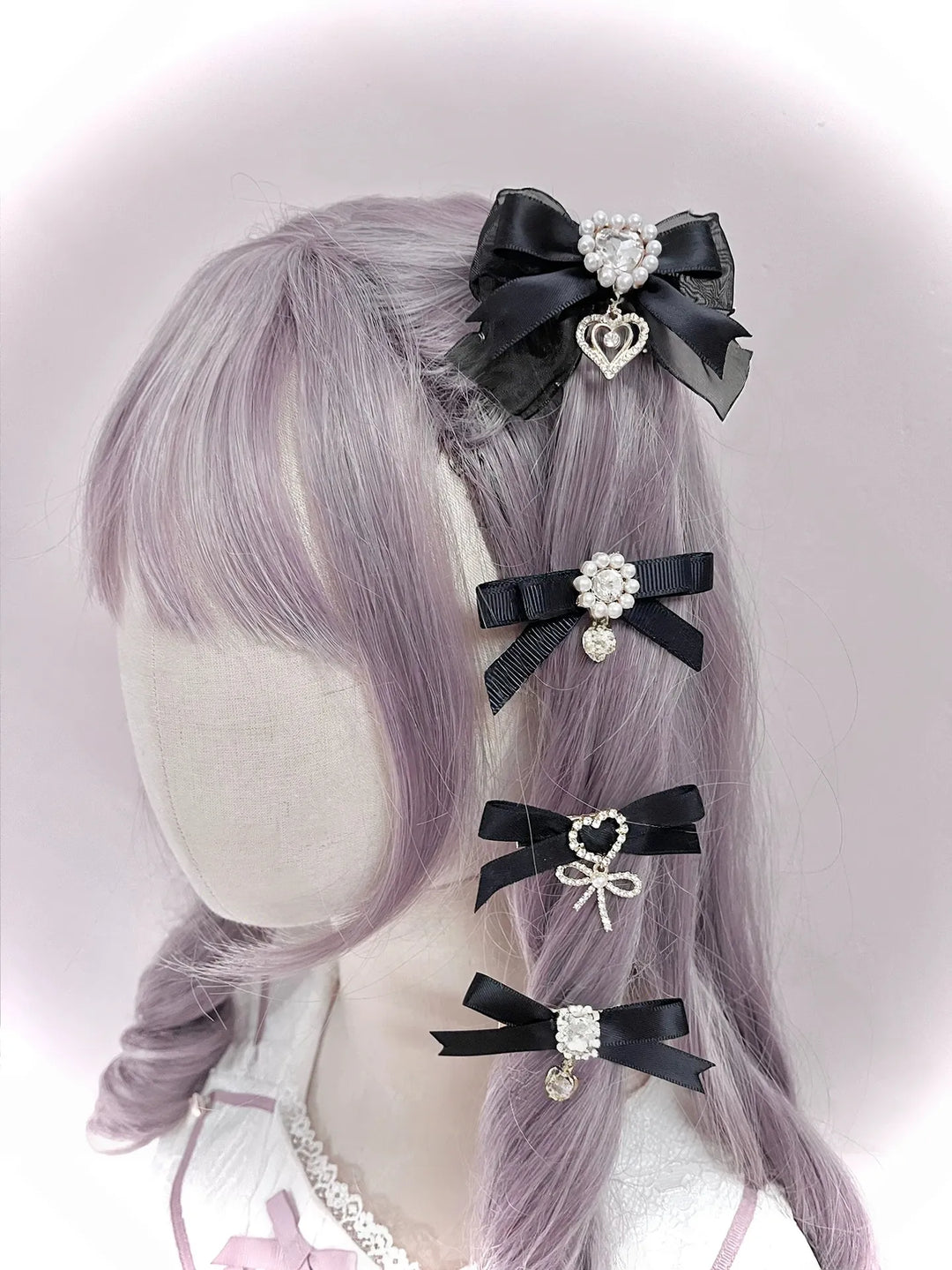 Jirai Kei Bow Hair Clips Set, Rhinestone & Pearl Accent 45776:866496