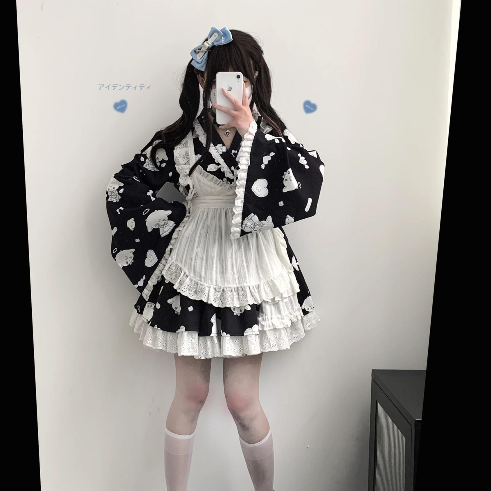 Tenshi Kaiwai Patchwork Skirt Kimono Top White Apron Three-Piece Set 36786:536836
