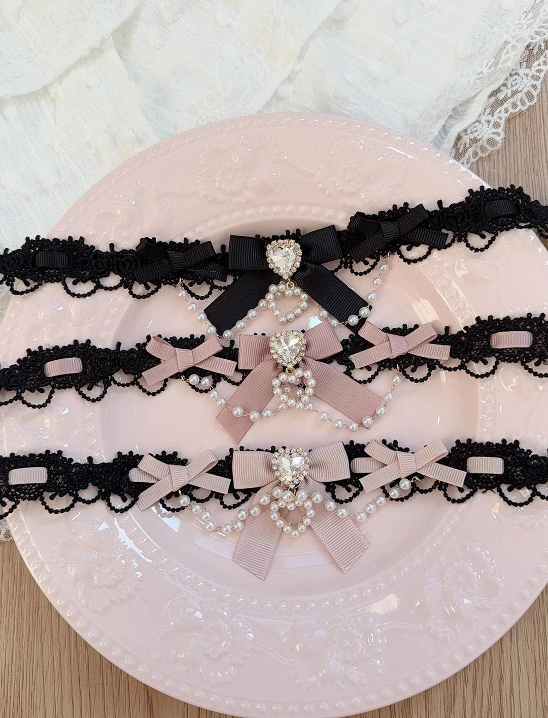 Jirai Kei Lace Choker, Heart Shaped Rhinestone 44953:832990