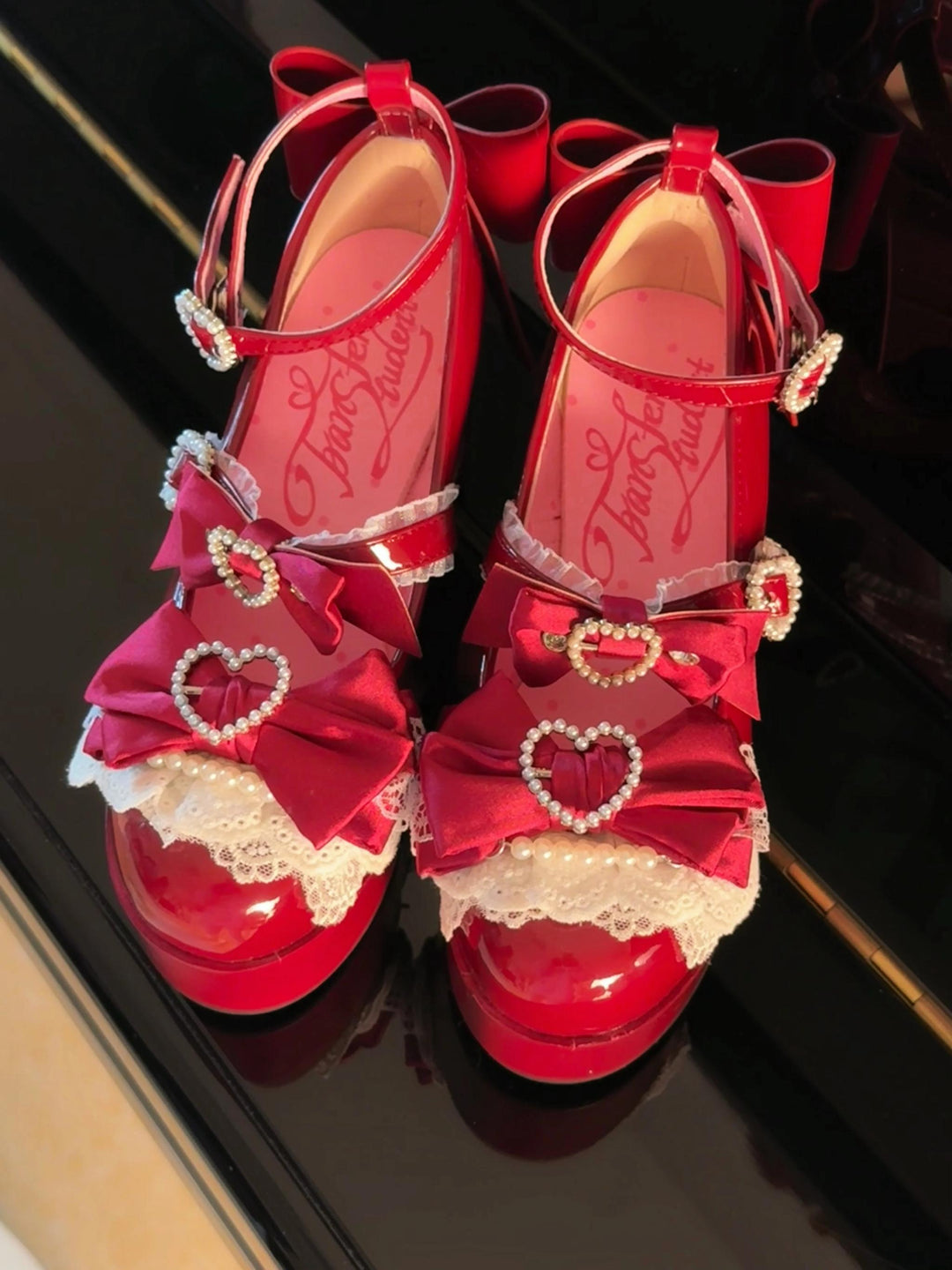 Sweet Lolita Platform Shoes, Bow and Heart-Shaped Pearl 45357:846130