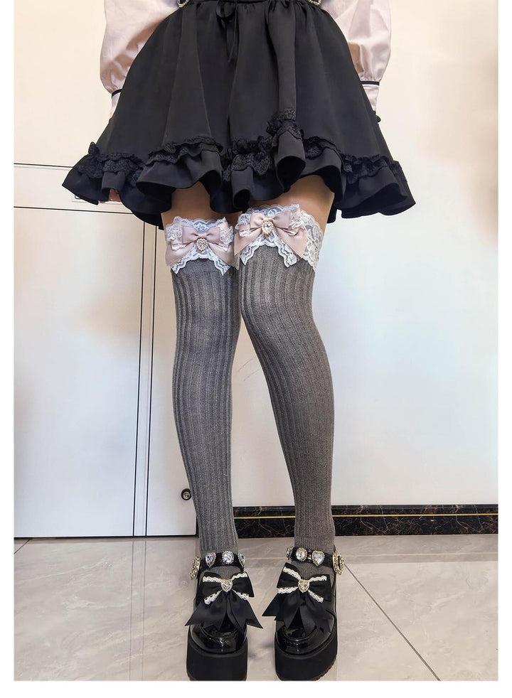 Jirai Kei Over-the-Knee Knit Socks, Bow & Lace 46069:875525