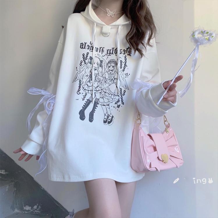 Jirai Kei Hoodie Black Top Angel Printed Hoodie Lace Up 37572:563124