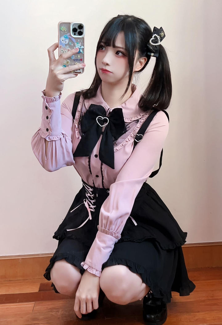 Jirai Kei Blouse Pink Blue Shirt Black Lace Up Skirt 21832:760687