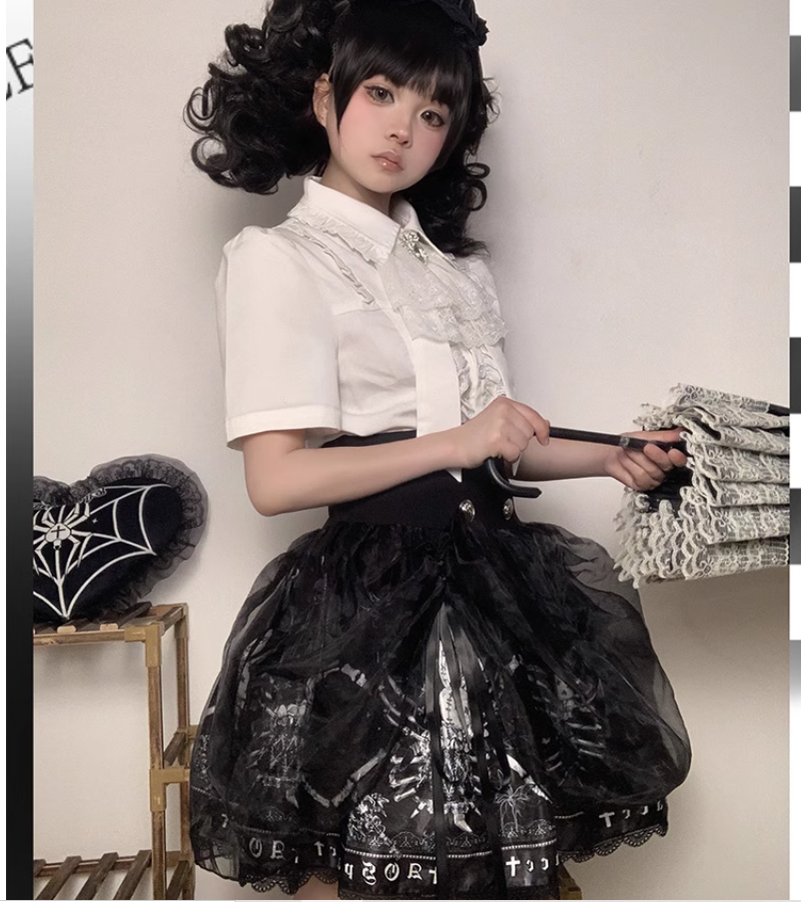 Black Lolita Skirt High-Waisted Print Skirt With Lace Trim 37562:563912