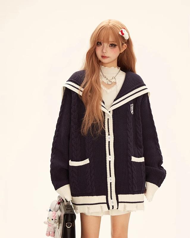 Preppy Cardigan Sailor Collar Sweater Embroidery Coat (L M S) 40930:680538