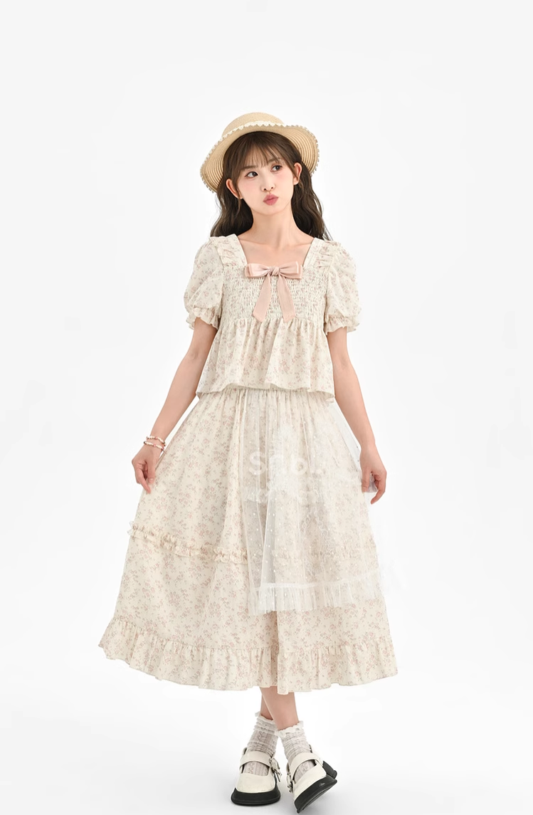 Mori Kei Skirt Set Floral T-shirt Lace Patchwork Skirt (L M S / T-shirt) 39292:645052