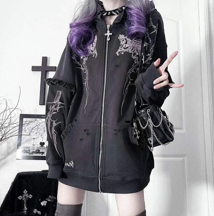 Punk Hooded Jacket, Ripped Details & Horse Embroidery 45939:871836