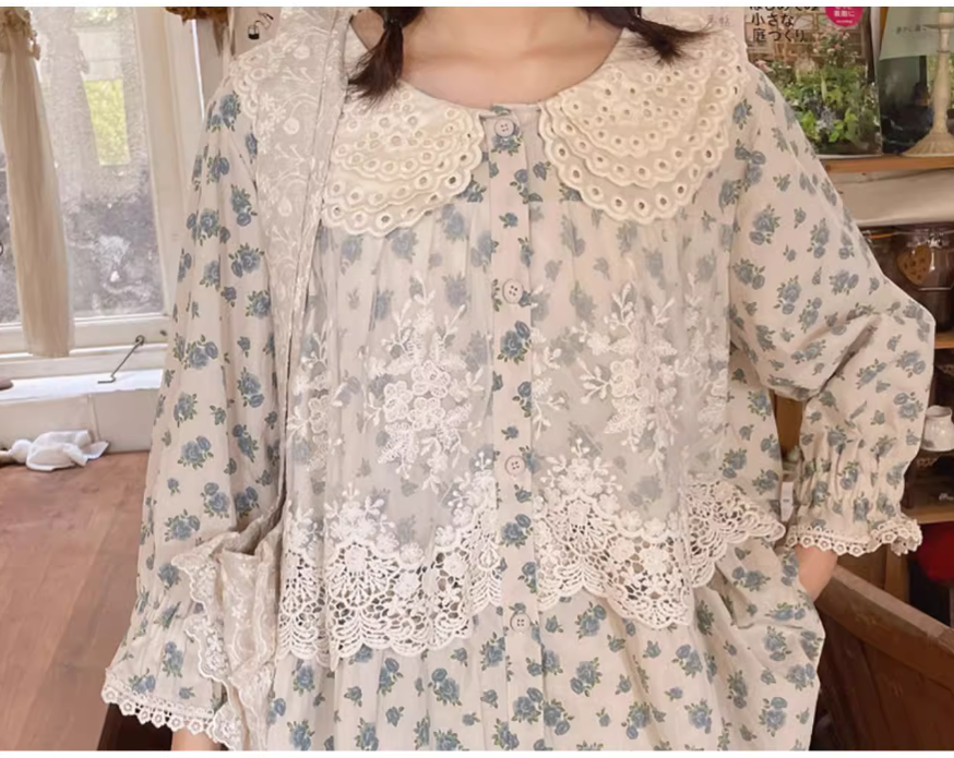 Mori Kei Blouse Floral Cotton Linen Shirt With Lace 36222:524918