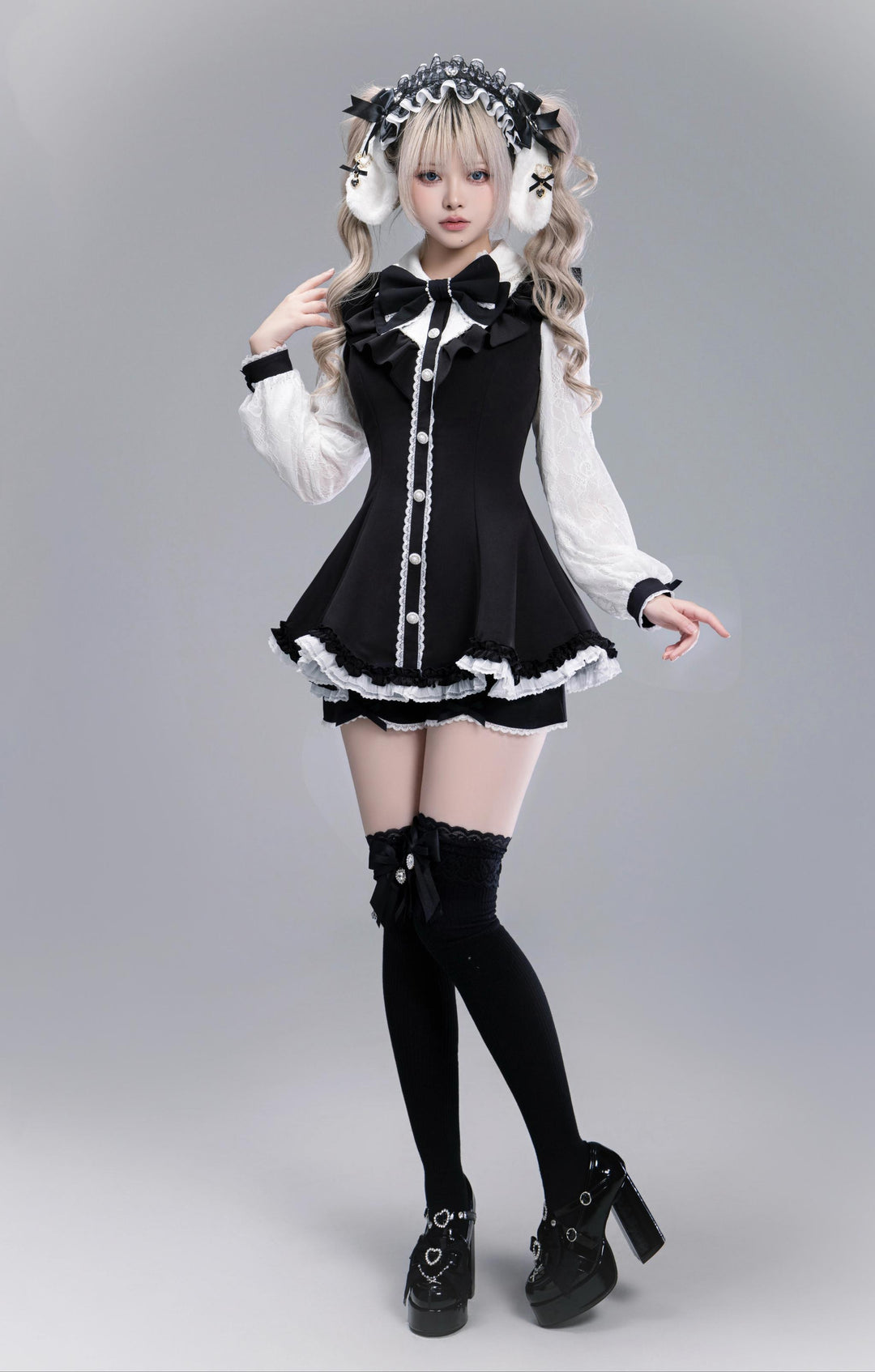 Lace-Sleeved Ryousangata Set Up, Large Bow Brooch (2XL L M S XL) 43448:800500