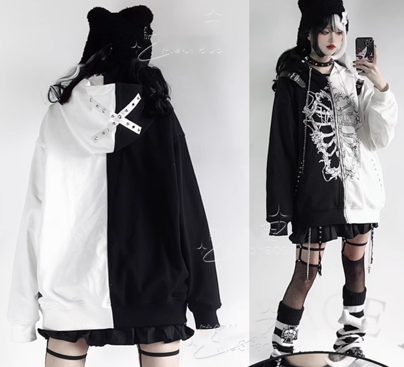 Jirai Kei Coat Subculture Hooded Bi-color Jacket 35332:488506