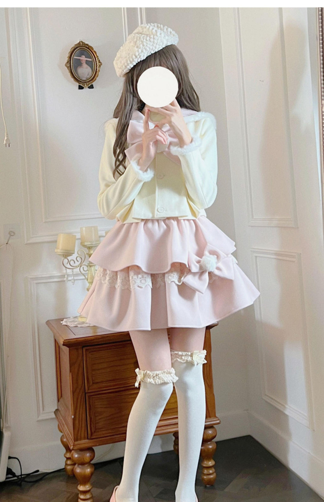 Ryousangata Beige Winter Coat Slim Pink Tiered Skirt 40880:690846