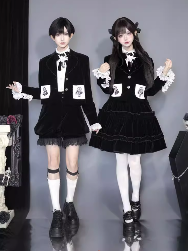 Ouji Lolita Prince Outfit Set Black Skirt Velvet Shorts Set 39368:632014