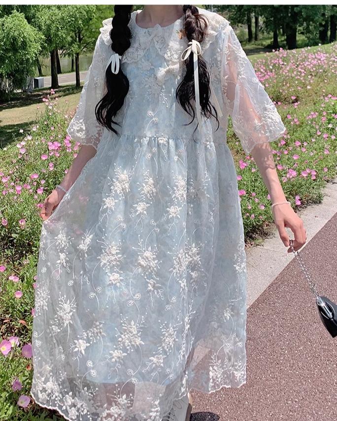 Kawaii Mori Kei Dress Blue Floral Sweet Dress 36206:523546