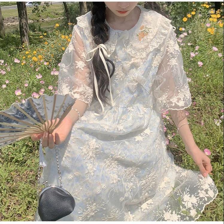Kawaii Mori Kei Dress Blue Floral Sweet Dress 36206:523600